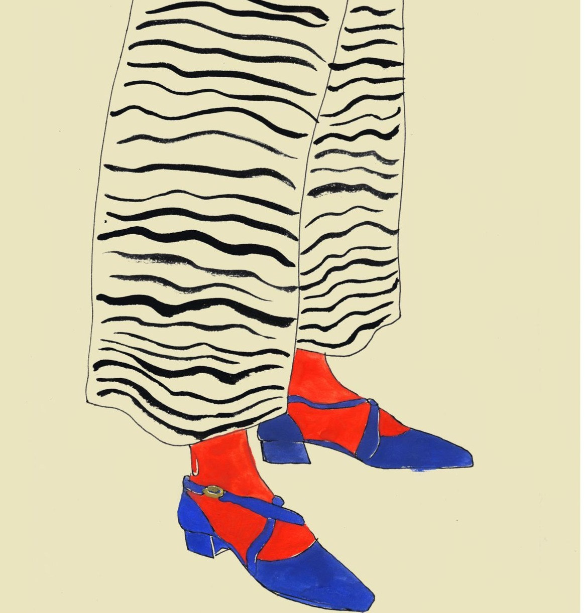Ink illustration of striped trousers with red socks and blue shoes